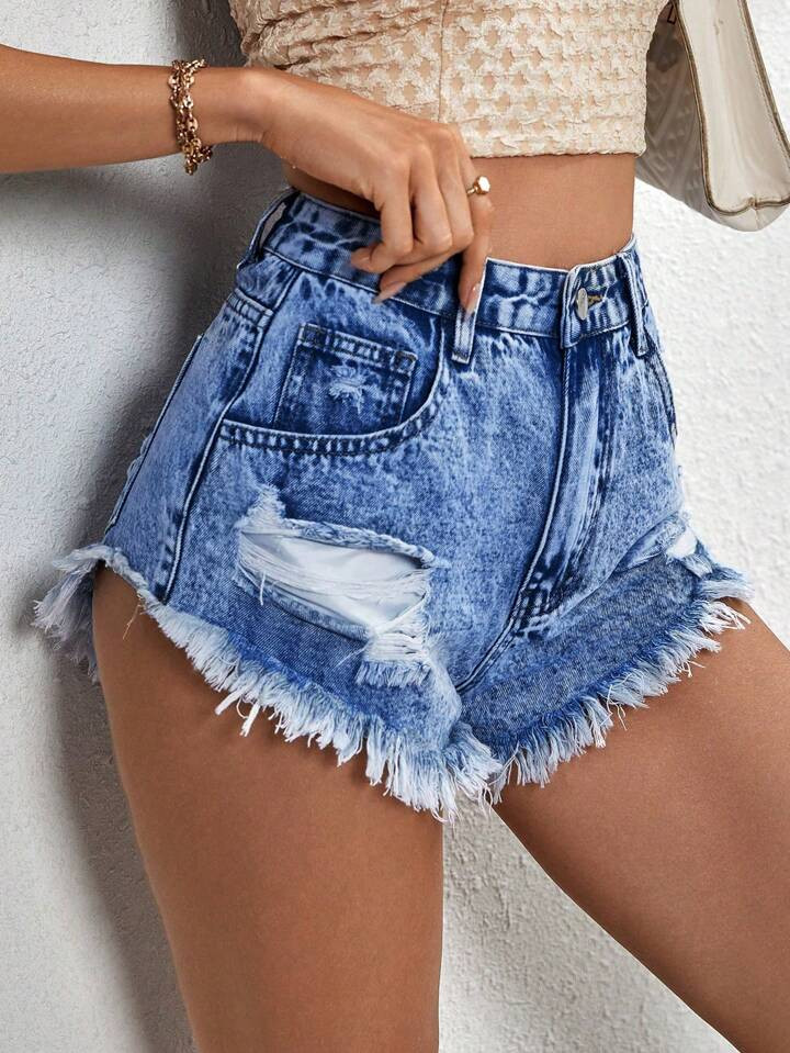 SHEIN ICON Women Distressed Frayed Edge Denim Shorts For Spring/Summer Casual Look | SHEIN