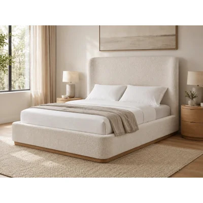 Cream Upholstered Platform Bed with Oversized Padded Headboard, Rounded Corners, Textured Performance Fabric | Wayfair North America