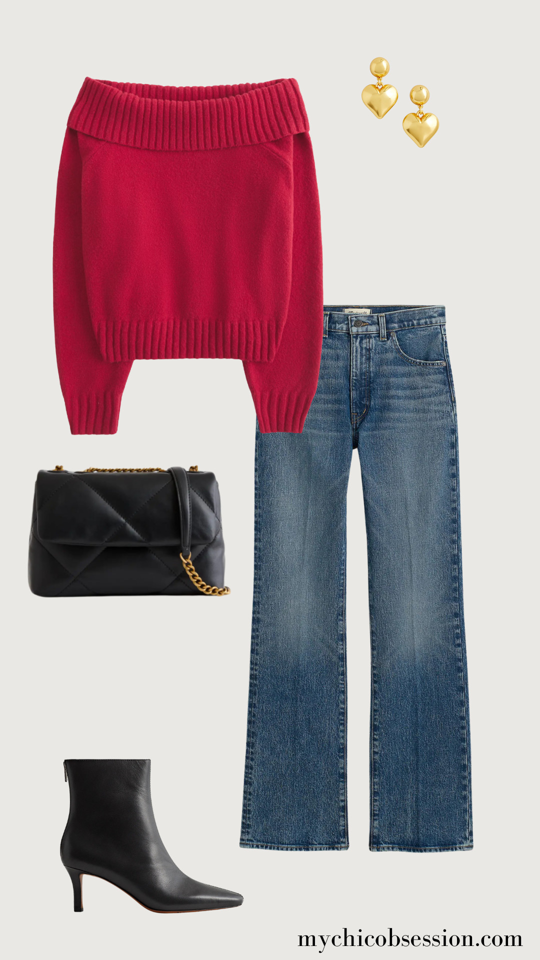 Grab drinks the night before Valentine’s Day with your friends in a chic off-the-shoulder sweater top. Style it with boot-cut jeans – a slimmer version of a variation with a wide leg that still pairs perfectly with your favorite ankle boots. Heart drop earrings and a quilted black shoulder bag round out the look. 

 #LTKSeasonal #LTKStyleTip #LTKShoeCrush