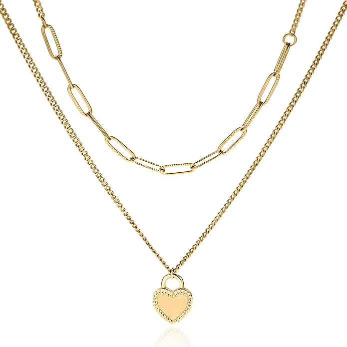 Heart Layered Choker Necklace,Dainty 14k Gold/Silver Filled Heart Pendant Choker Chain Necklace H... | Amazon (US)