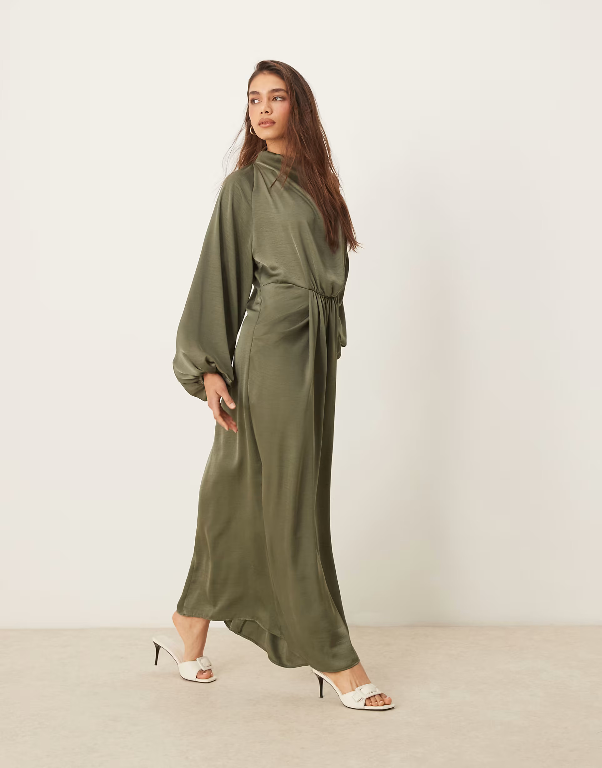 ASOS DESIGN draped blouson sleeve satin maxi dress in olive | ASOS (Global)