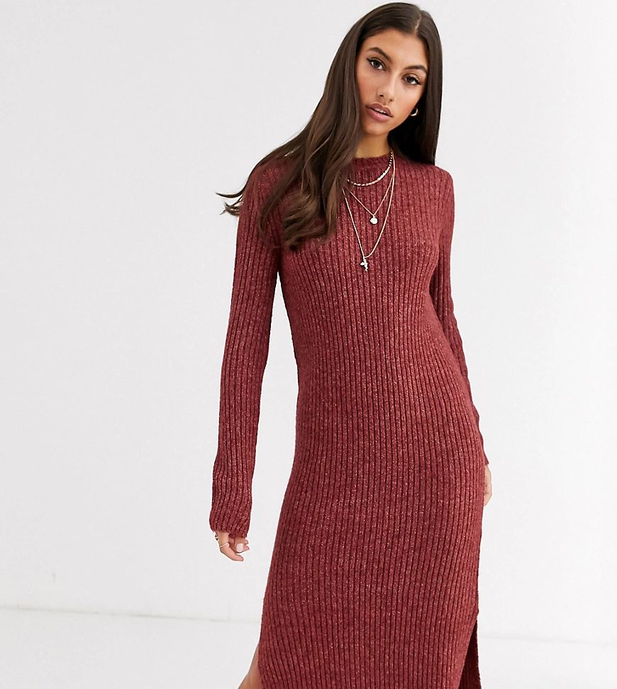 Vero Moda Tall knitted midi dress with side split in brown | ASOS (Global)