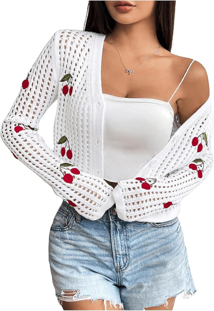 GORGLITTER Women's Cherry Cardigan Trendy Crochet Tops Button Up Lightweight Spring Fashion Outfi... | Amazon (US)