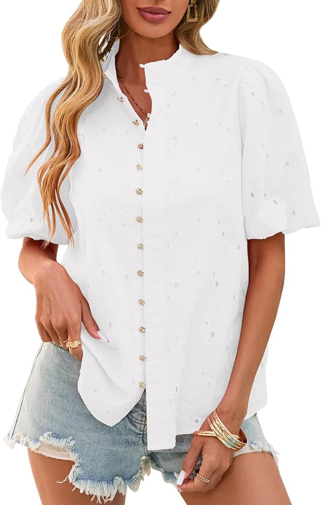 Lazysmile Summer Boho Tops for Women Short Sleeve V Neck Button Down Hollow Out Lace Embroidered ... | Amazon (US)