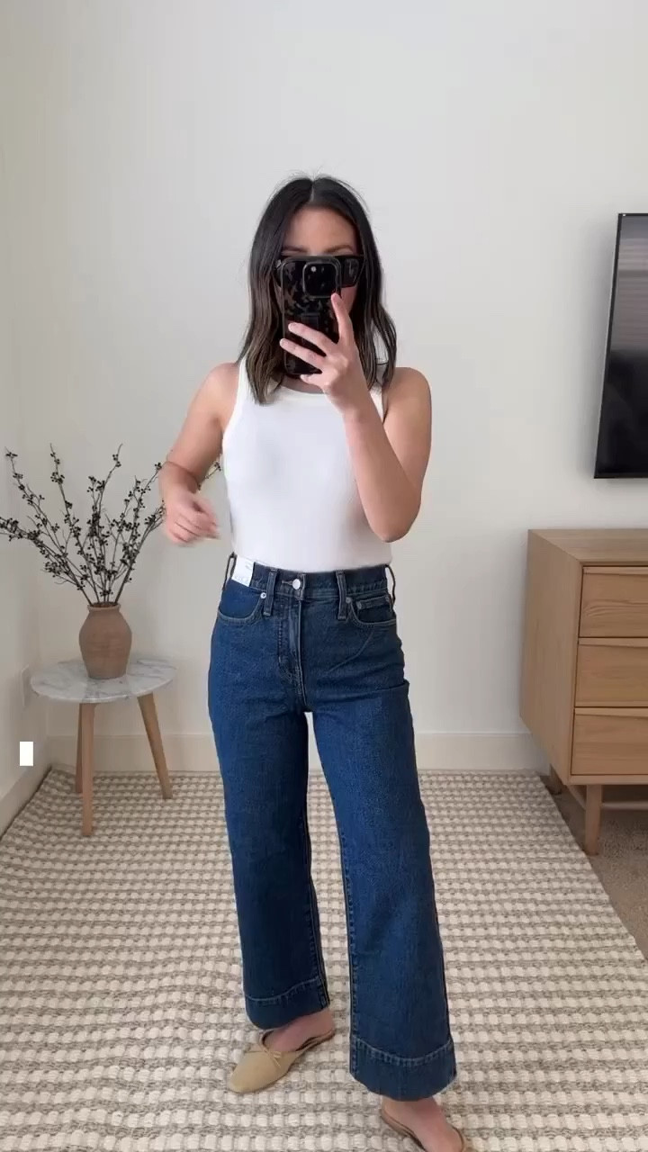 J.Crew slim wide leg jeans runs TTS. Has a cropped fit so if you want the pants to be full length go with the regular size. Very flattering. 

Jeans - J.crew petite 24
Flats - Doen 35
Bag - Dear Keaton 
Tank - Free assembly xs 
Sunglasses - Celine 

Petite Style, Neutral outfit, jeans, capsule wardrobe, minimal style, street style outfits, Affordable fashion, Spring fashion, Spring outfit, best denim, petite jeans. 

#LTKSeasonal #LTKshoecrush