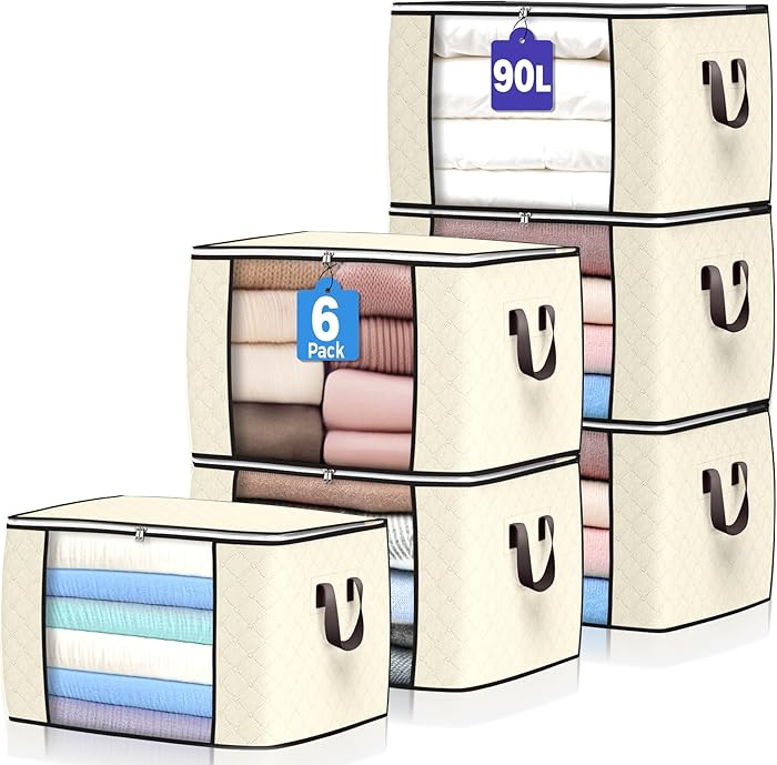90 L Large Storage Bags, 6 Pack Clothes Storage Bins Foldable Closet Organizers Storage Container... | Amazon (US)