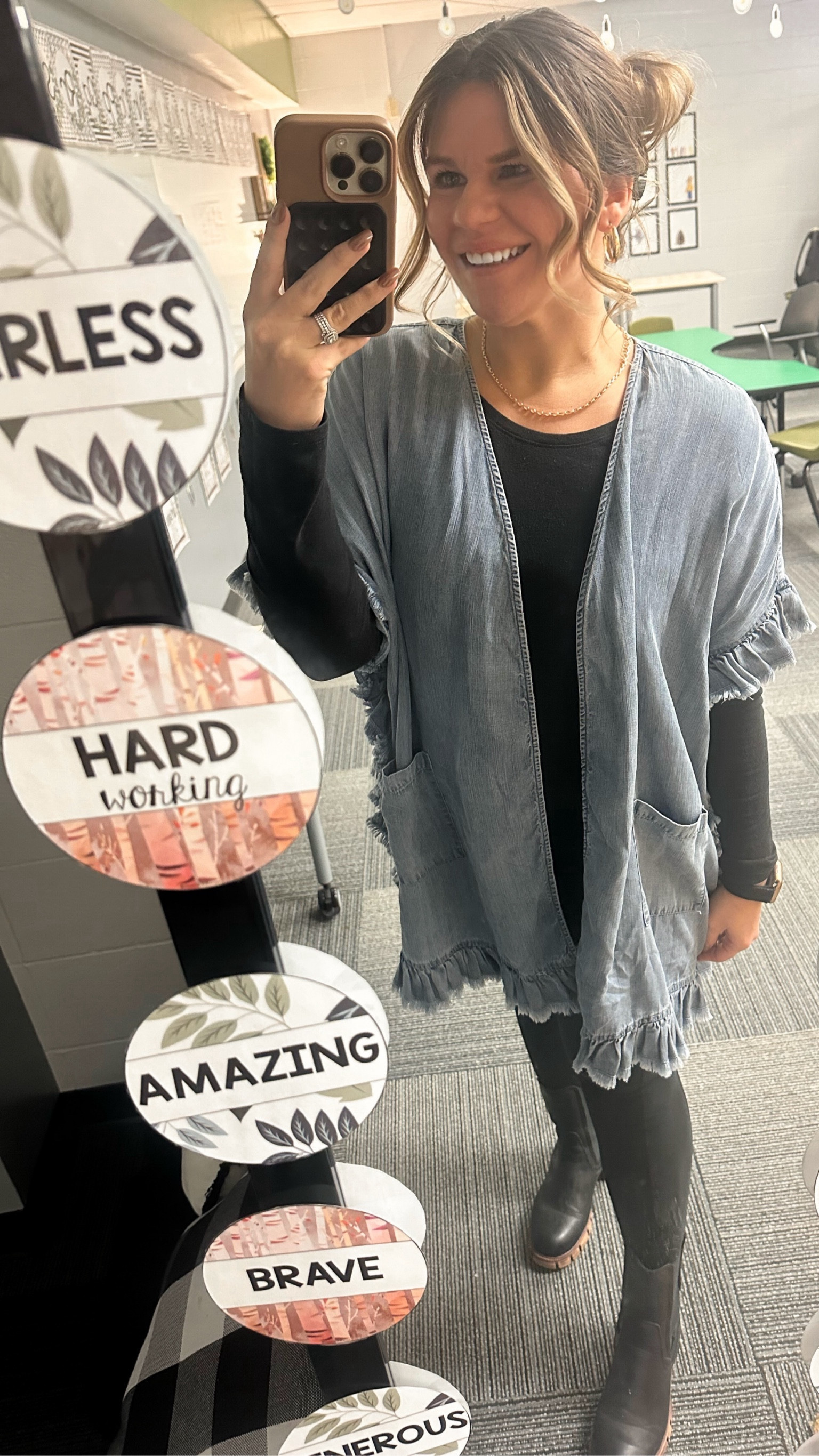 Teacher OOTD
winter outfit 

- frill sleeves jean / denim vest / cardigan 
- $10 black long sleeve
- 4 pack of leggings with pockets
- boots on major sale
- gold jewelry 

#LTKfindsunder50 #LTKworkwear #LTKsalealert