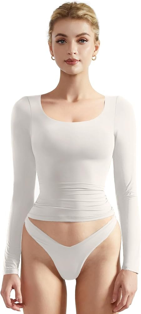 SUUKSESS Women Double Lined Fitted Basic T Shirts Scoop Neck Long Sleeve Crop Top | Amazon (US)