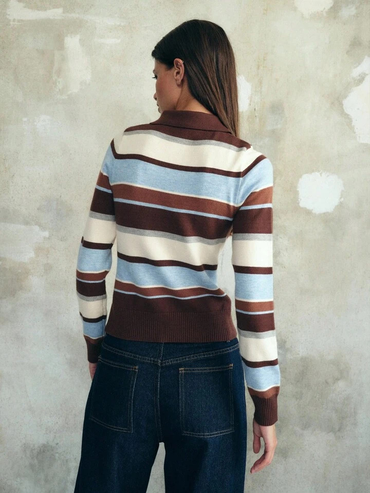 Nöista Striped Collared Button-Up Cardigan In Brown, Light Blue And Cream With A Fitted Ribbed H... | SHEIN