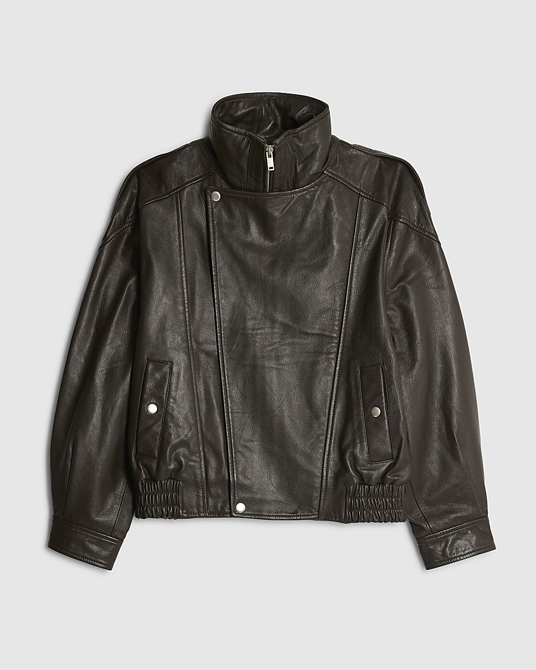 Brown Funnel Neck Leather Bomber Jacket | River Island UK & IE