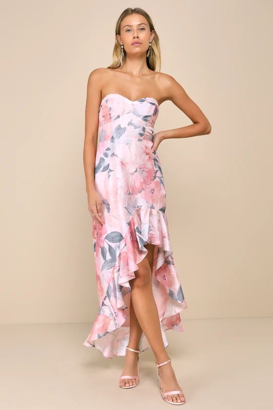 Blushing Darling Light Pink Floral Strapless High-Low Maxi Dress | Lulus