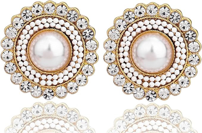 Cream Dome Pearl Stud Earrings , Crystals Rhinestones Art Vintage Earrings with Wedding Style | Amazon (US)