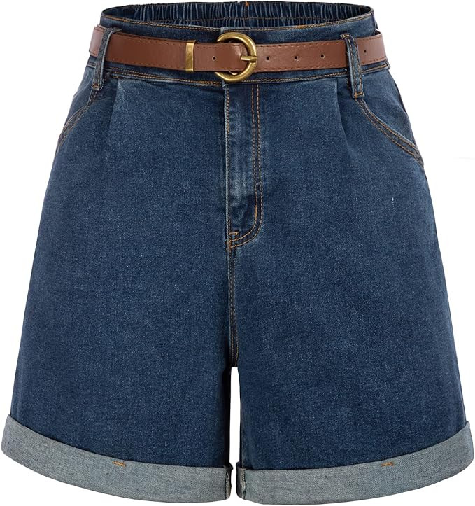 Belle Poque Women Bermuda Shorts Elastic Waist Wide Leg Shorts with Pockets & Belts | Amazon (US)