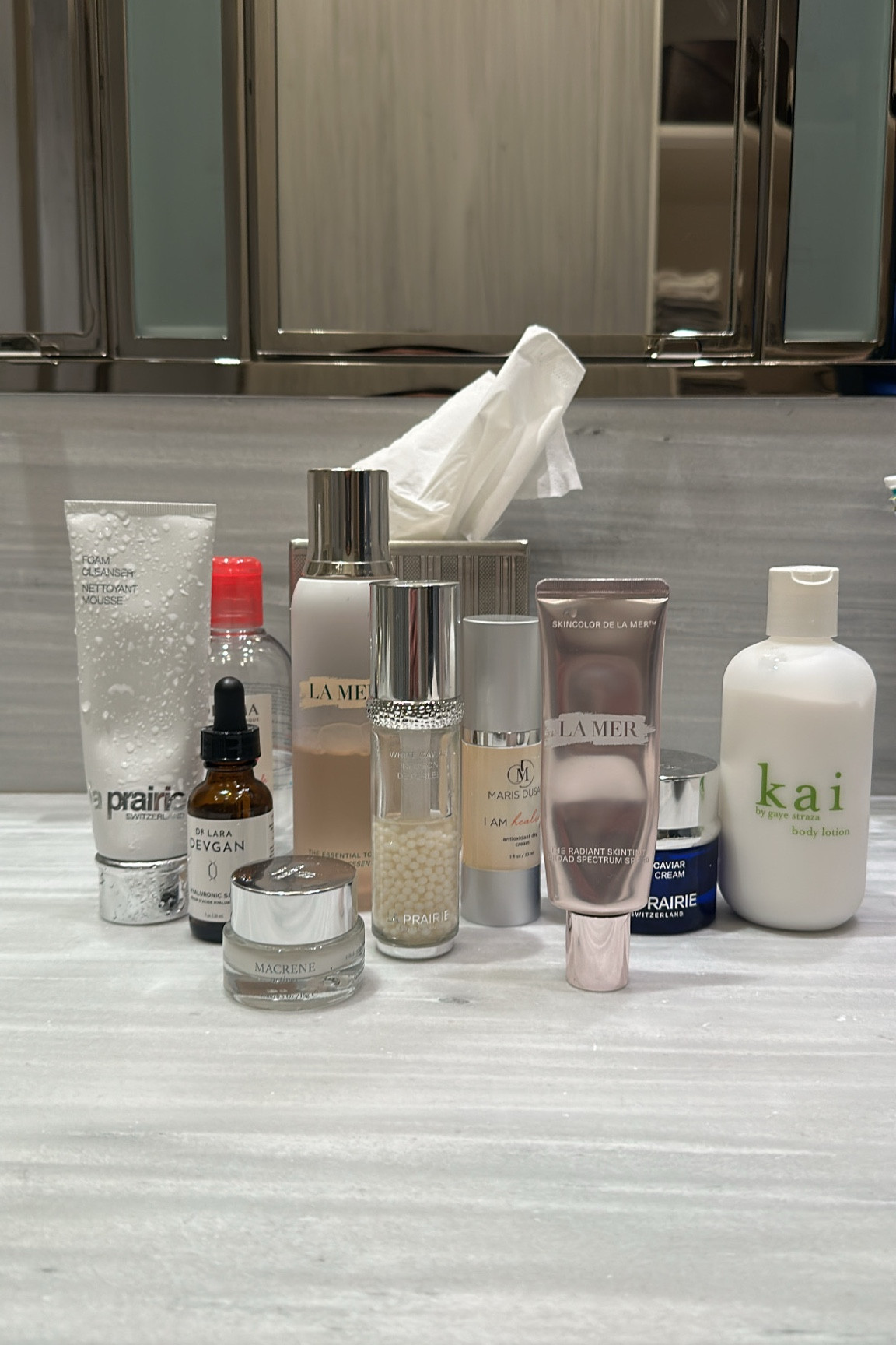 Skincare products I currently use:
1. La Prairie Face Wash
2. La Mer Toner
3. Macrene Eye Cream. Just ordered a new one by Susanne Kauffman. Keep you posted on how I like
4. I use serums from multiple brands including La Prairie, Lara Devgan and Furtuna Skin
5. A rich moisturizer by La Prairie. I also use a moisturizer by my facialist at Maris Dusan. 
When I want to add some light coverage, I blend La Mer’s tinted moisturizer in Light Medium with my moisturizer  
6. 1-2x per week I use Furtuna Skin Exfoliator 

7. I also swear by Kai body cream and make up remover by Bioderma. 