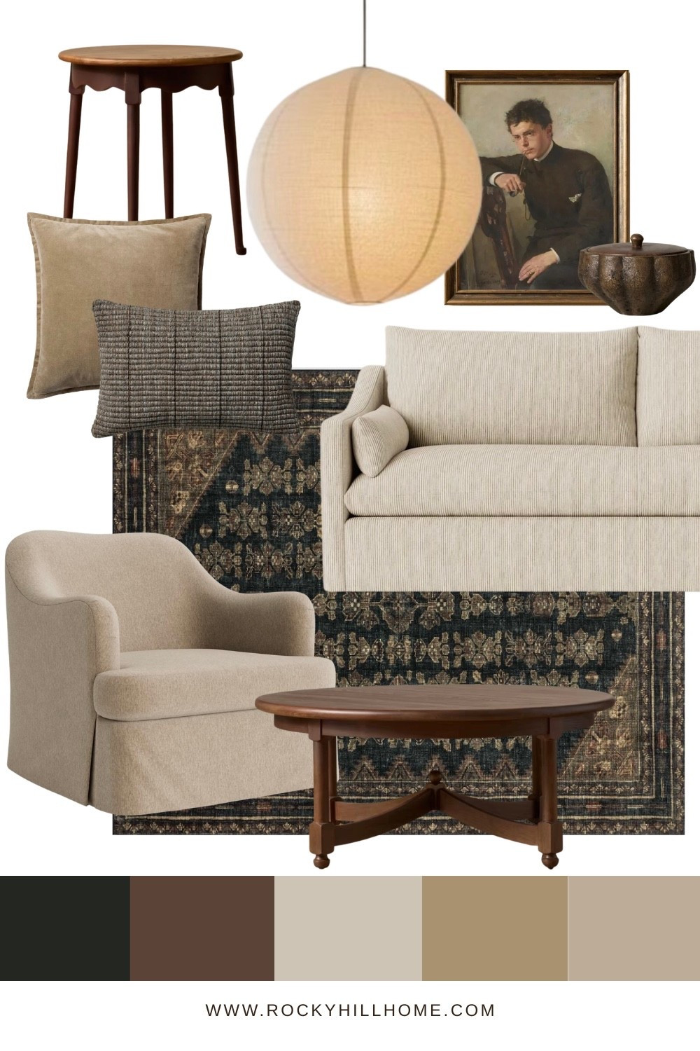 Moody, warm neutral living room with Joon Loloi pieces, vintage portrait from Etsy, round paper Japanese light, curved accent chair, round dark wood coffee table and moody decor 🤎 Timeless, cozy, and layered

#LTKHome