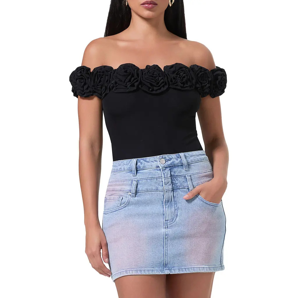 AFRM Solange Rosette Off the Shoulder Mesh Bodysuit in Noir at Nordstrom, Size Medium | Nordstrom