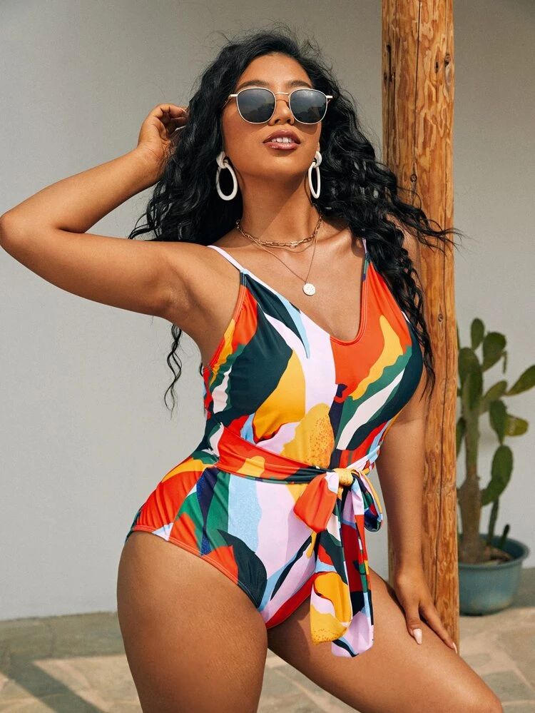 Plus Allover Print Knot Front One Piece Swimsuit | SHEIN