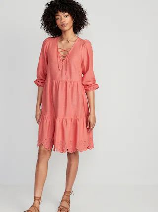 Tiered Lace-Up Mini Swing Dress for Women | Old Navy (US)