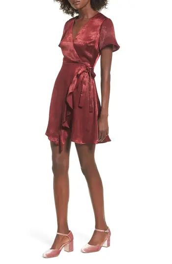 Women's Lush Satin Faux Wrap Dress, Size X-Small - Burgundy | Nordstrom