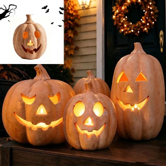 Fall Decor - Halloween Pumpkin Decorations Resin Pumpkin Jack O' Lantern with Flameless Candle - ... | Walmart (US)
