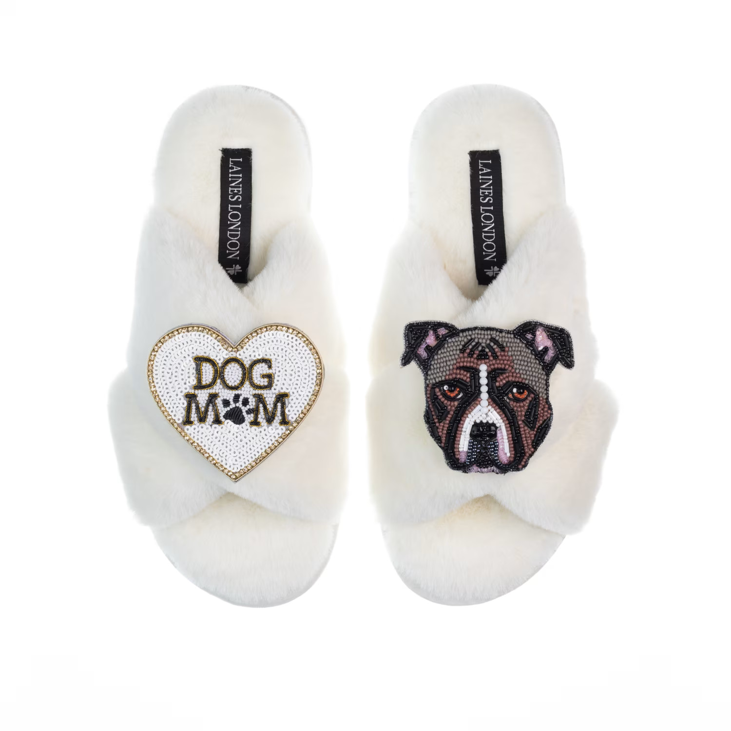 Classic Laines Slippers With Staffy & Dog Mum / Mom Brooches - Cream | Wolf & Badger