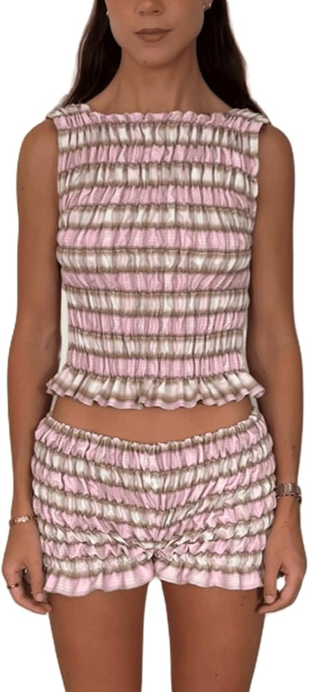 Women Y2k Ruffle Shorts Set Ruched Crop Tank Top and Low Waist Bloomer Shorts Sleeveless Y2k Pjs ... | Amazon (US)