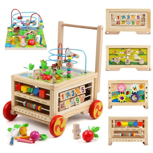Wooden Activity Cube 7-in-1 Montessori Toy Multipurpose Educational Learning Toy for 1+ Year Old Baby Toddler Kid Boy First Birthday Gift Bead Maze Gear Number Animal Board Carrots Harvest Game | Amazon (US)