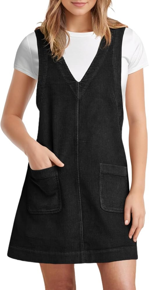 Tongmingyun Womens Corduroy Pinafore Overall Dress Casual Sleeveless V Neck Tank A Line Jumper Mi... | Amazon (US)