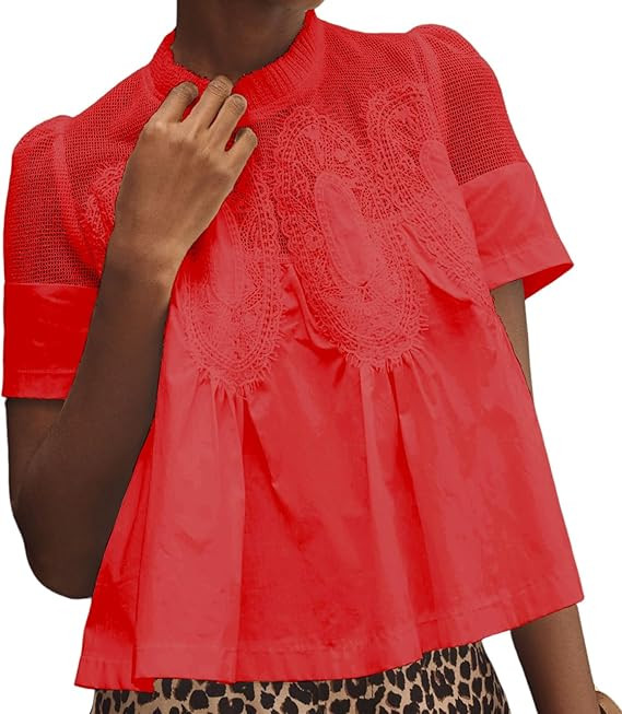 VAOYIU Women Lace-Detail Flared Blouse Short-Sleeve Crew Neck Lace Poplin Mesh Swing Top Elegant ... | Amazon (US)