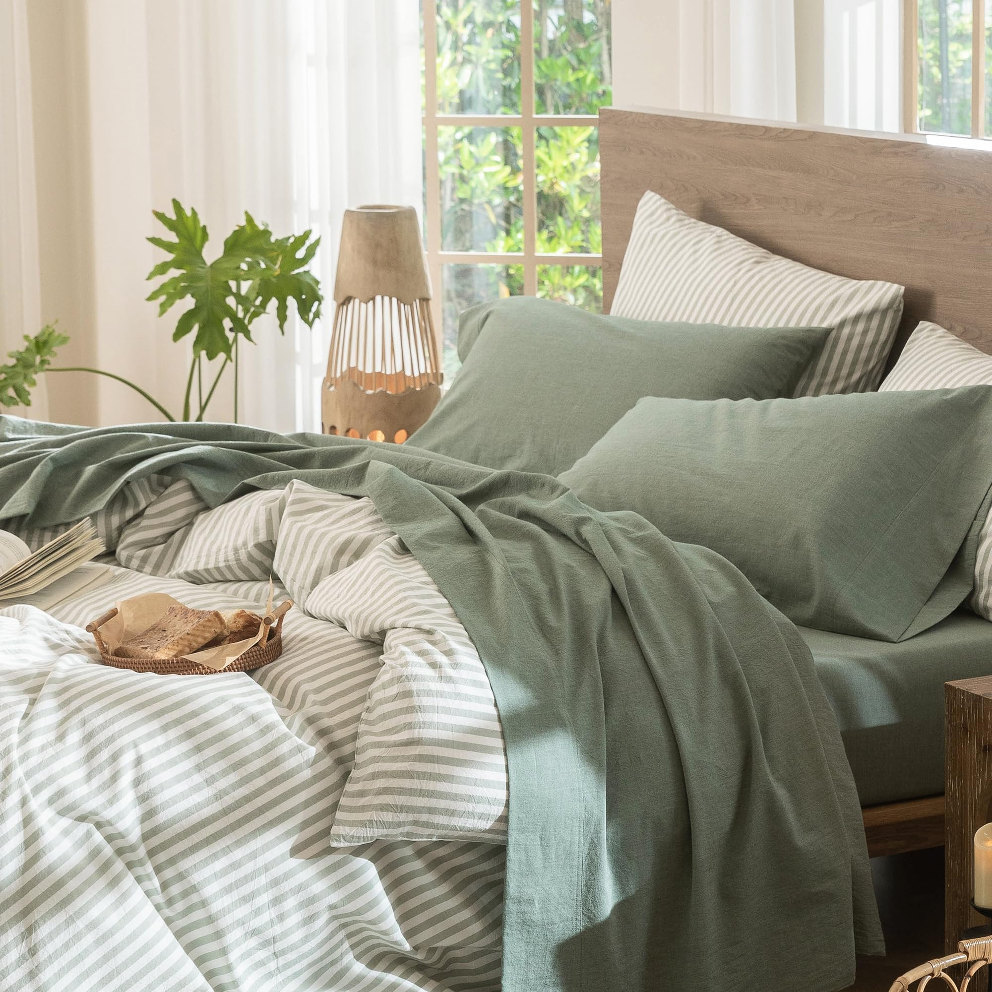 MooMee Bedding Sheet Set 100% Washed Cotton Linen Like Textured Breathable Durable Soft Comfy (Heathered Green, King) | Amazon (US)
