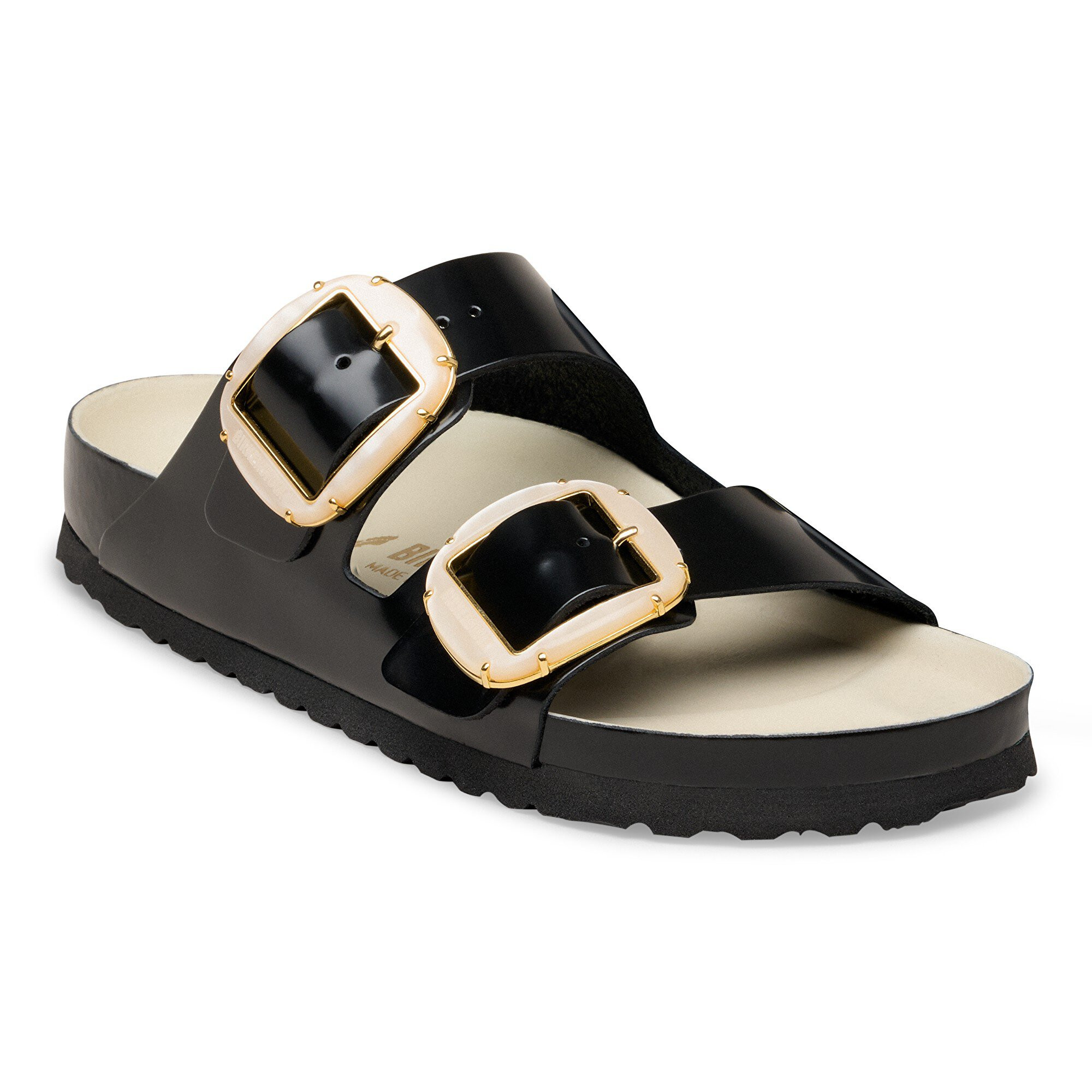 Arizona Big Buckle Pearl Natural Leather Patent High-Shine Black/Ecru Two-Strap Sandals | Birkenstock USA