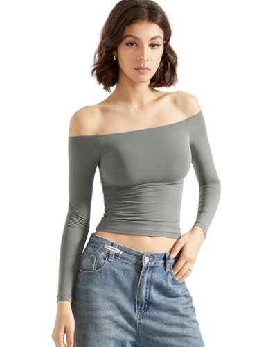 SUUKSESS Women Off The Shoulder Double Lined Long Sleeve Shirts Fitted Y2k Basic Going Out Tops (Gray, L) | Amazon (US)
