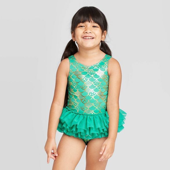 Toddler Girls' Mermaid Scale Bow Back Tutu One Piece Swimsuit - Cat & Jack™ Turquoise | Target