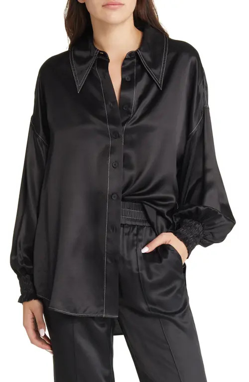 AllSaints Charli Satin Button-Up Shirt in Black at Nordstrom, Size 8 Us | Nordstrom