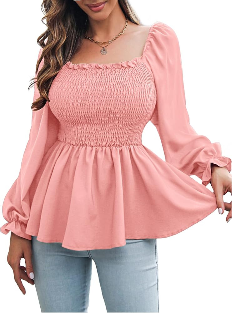 Vrtige Women's Square Neck Shirred Ruffle Hem Long Sleeve Blouse Shirt Peplum Top | Amazon (US)