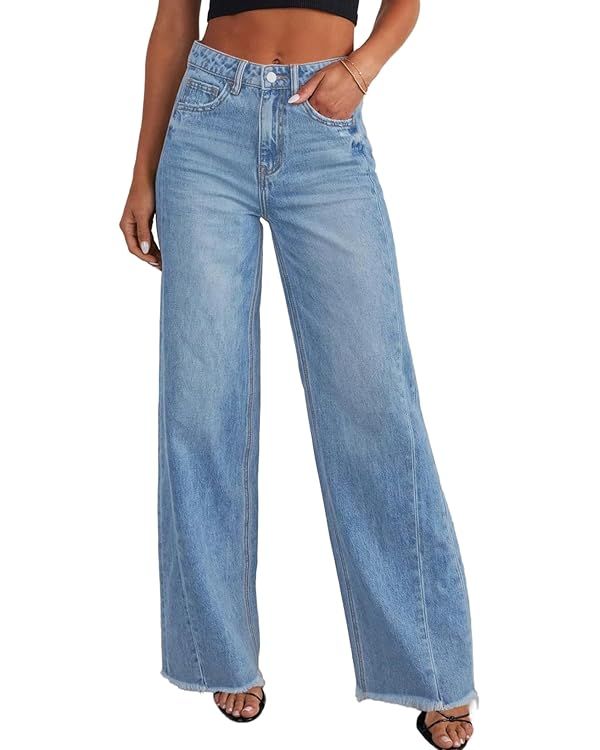 Sidefeel Women's Wide Leg Jeans High Waisted Strechy Raw Hem Denim Pants | Amazon (US)