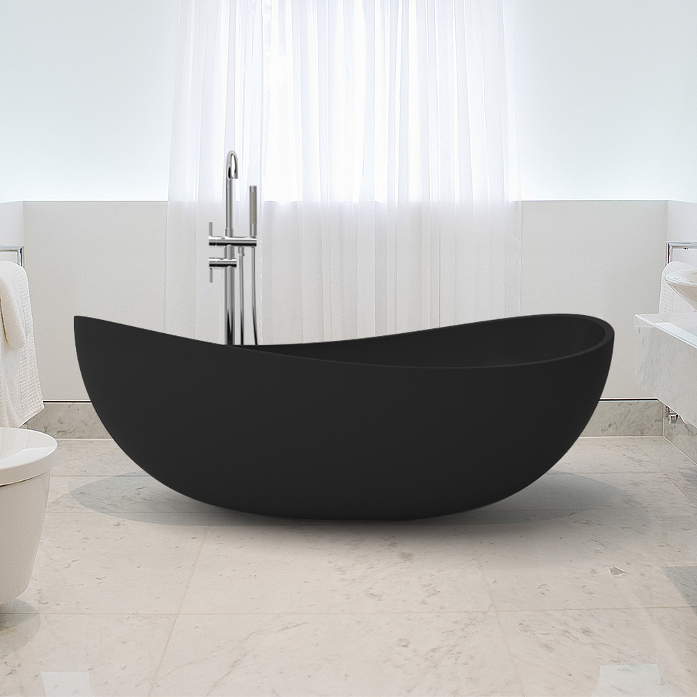 70"" Contemporary Oval Freestanding Stone Resin Soaking Bathtub in Black | Homary