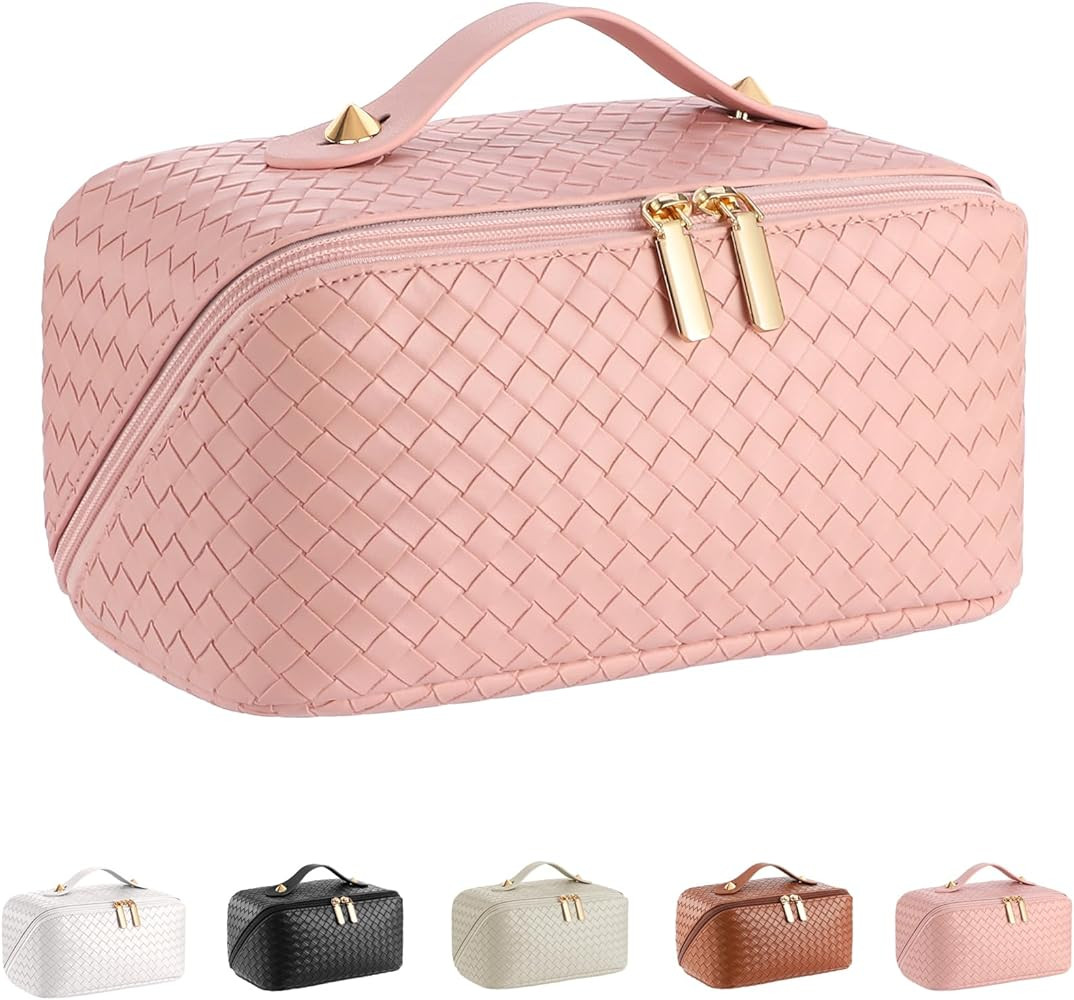 ALEXTINA Large Capacity Travel Cosmetic Bag - PU Leather Makeup Organizer Bag Portable Woven Make... | Amazon (US)