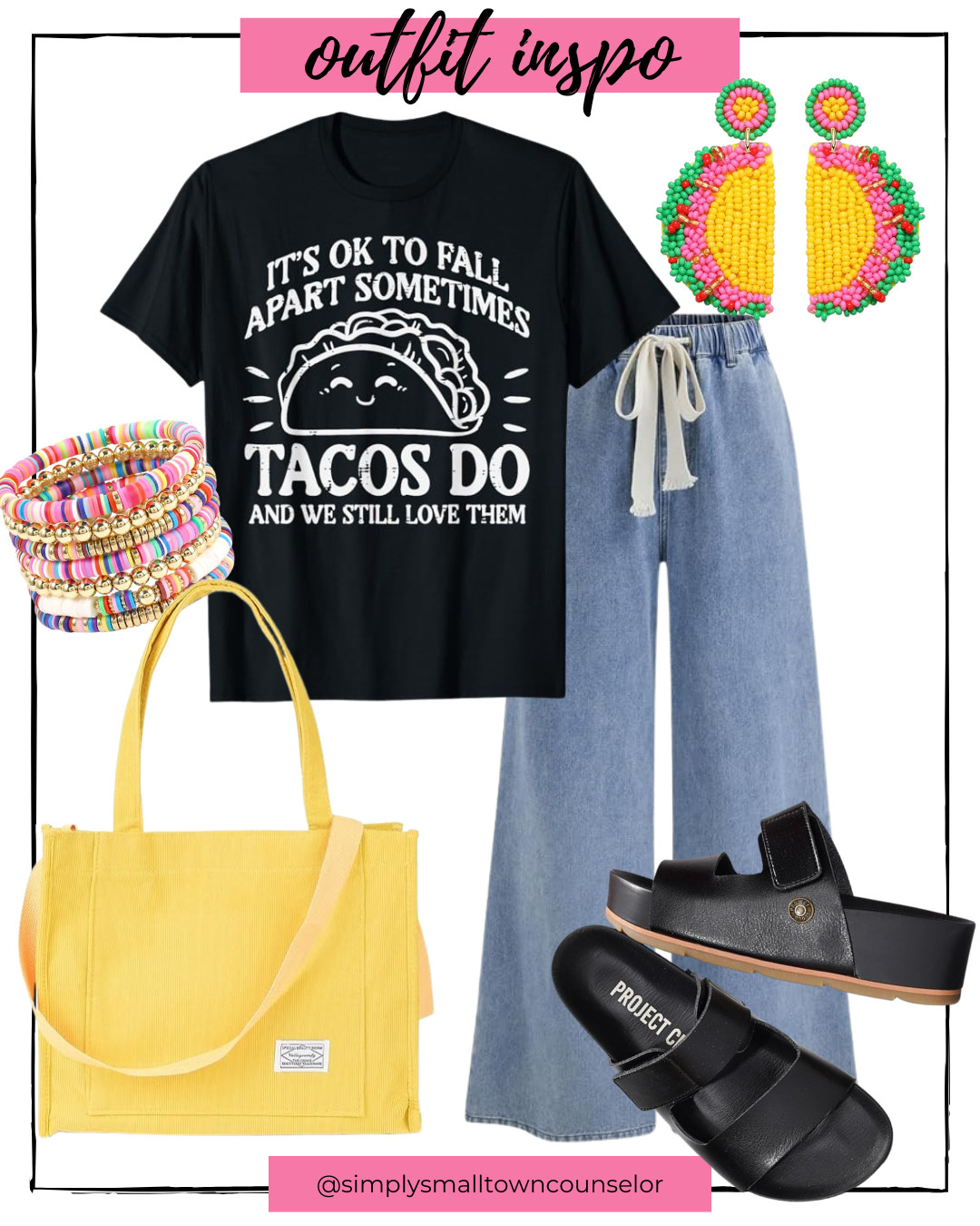 Back-to-school outfit inspo with a reminder we all need: “It’s okay to fall apart sometimes—tacos do, and we still love them.” 🌮💛 Rock a comfy, confidence-boosting look and send all the positive vibes to students starting a new year! #BackToSchoolStyle #MentalHealthMatters 

 