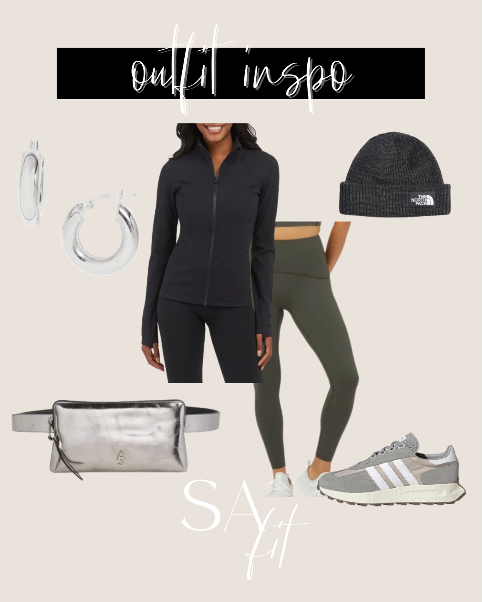 workout outfit, Spanx outfit, Spanx jacket, Spanx leggings, Adidas, belt bag, silver hoops, the Northface, winter beanie

#LTKstyletip #LTKshoecrush #LTKSeasonal