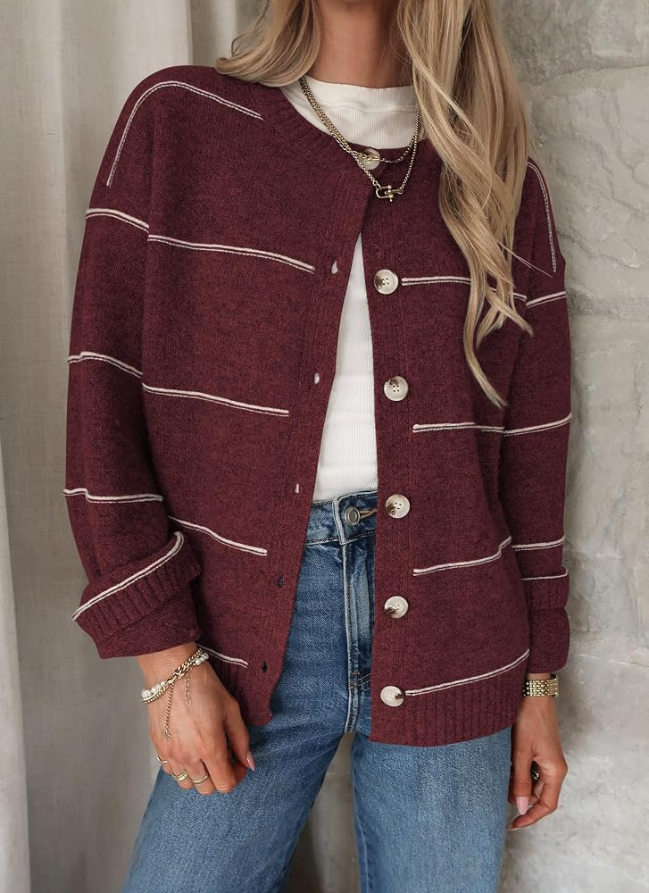 Balimtoy Striped Cardigan Sweaters for Women Trendy Long Sleeve Crewneck Button Up Sweater Fall W... | Amazon (US)