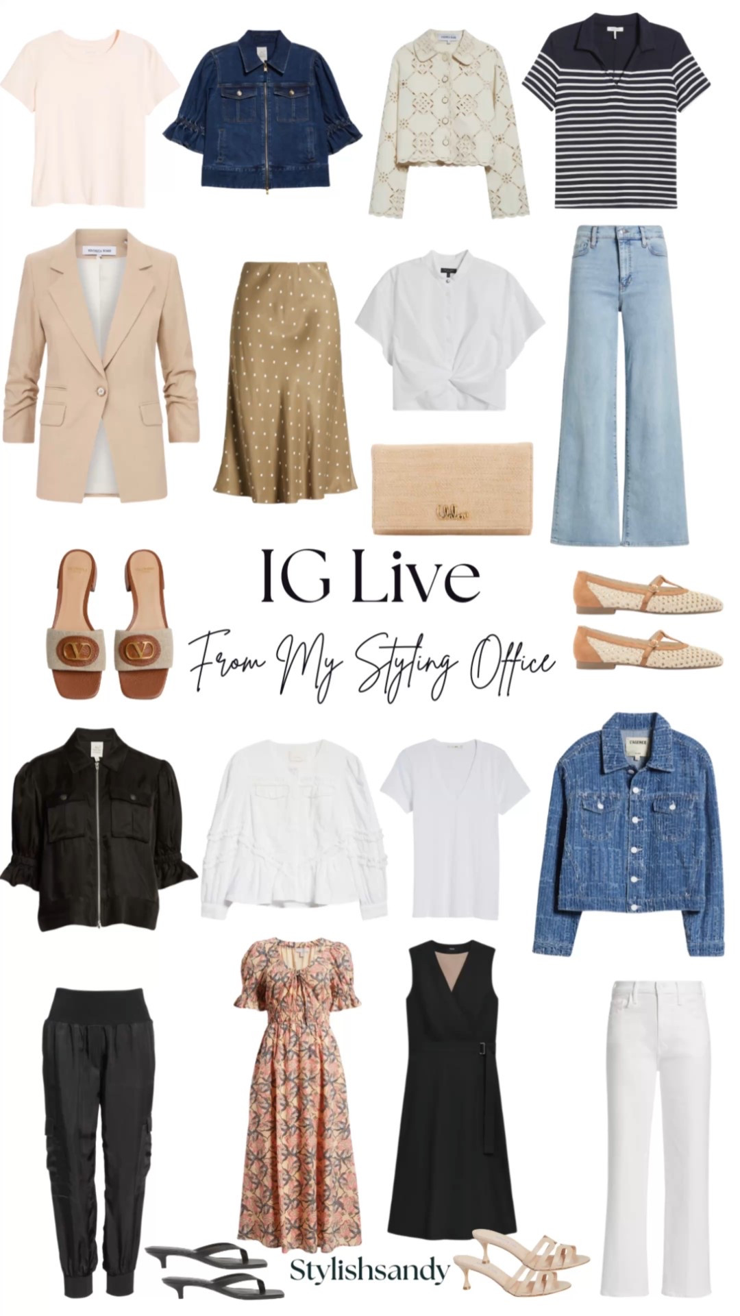 What I shared during IG Live from my styling office. 

T-shirt (tts.  I went up for extra room)
Cropped jackets (tts)
Skirt (runs trim I went up)
Blazer. (runs tts)
Button up (tts, I'm wearing a 2)
Wide-leg jeans (if between sizes, size down)
Mary Jane's open-weave flat (tts)
Designer flat sandals (tts)
White T-shirt (runs trim I'm wearing a small)
Denim jacket (runs small, size up)
Little black dress (tts)
White jeans (tts)
Joggers (tts)
Kitten heel (tts)
Flip flop (tts))
Clutch
Stripe top (runs small)
Tennis Shirt
High-low finds


#LTKPetite #LTKOver40 #LTKFindsUnder100