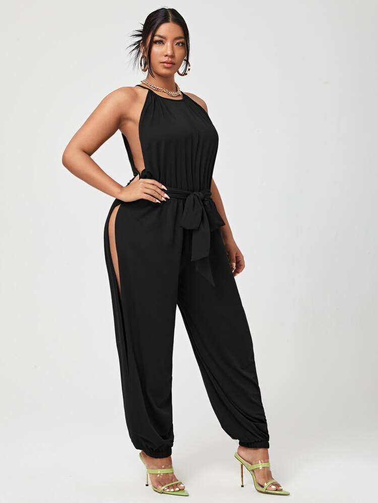 Plus Solid Split Self Tie Jumpsuit | SHEIN