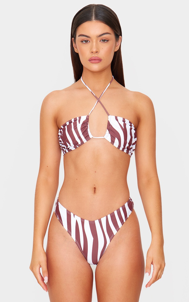 Brown Zebra Print High Leg Cheeky Bikini Bottoms | PrettyLittleThing US
