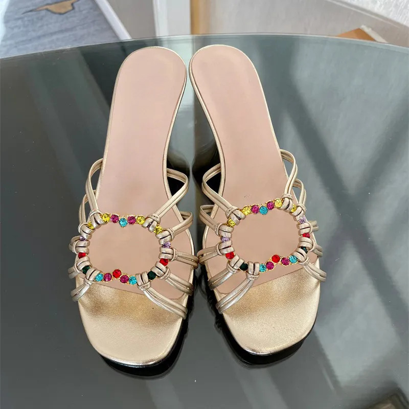 sandal 9cm heel lether crystal G round logo cross line style straps slipper beach shoes FH8831 | DHGate