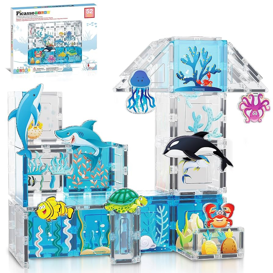 PicassoTiles Magnet Tiles Magnetic Building Blocks Aquarium Marine Animal Theme Set with 8 Charac... | Amazon (US)
