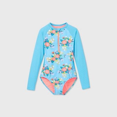 Girls' Long Sleeve Ribbed Floral Front-Zip One Piece Swimsuit - Cat & Jack™ Blue | Target