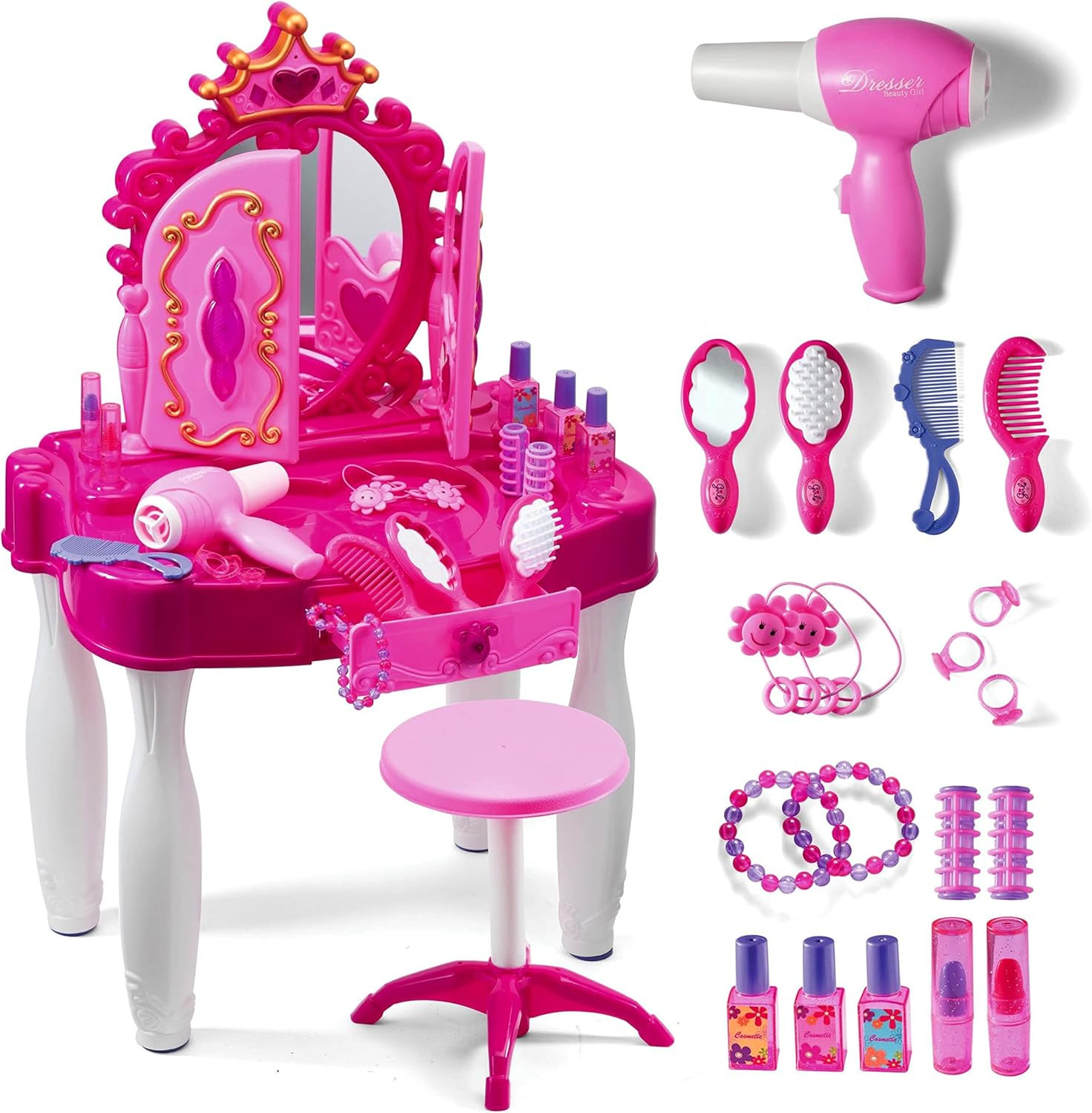 Play22 Pretend Play Girls Vanity Set with Mirror and Stool 21 PCS - Kids Makeup Vanity Table Set ... | Amazon (US)