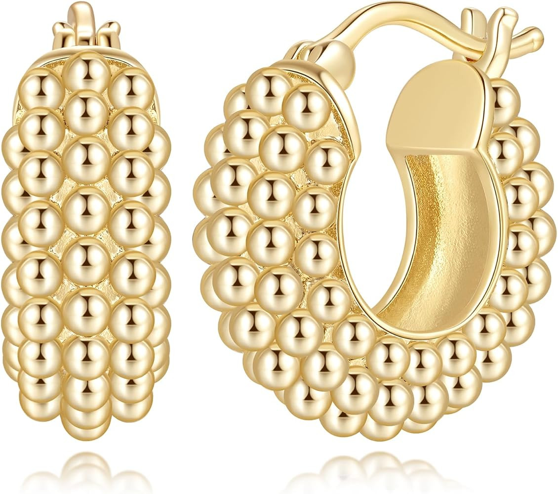 14K Gold Hoop Earrings 14K Gold Earrings for Women Hypoallergenic with Round and Playful Tiny Bea... | Amazon (US)