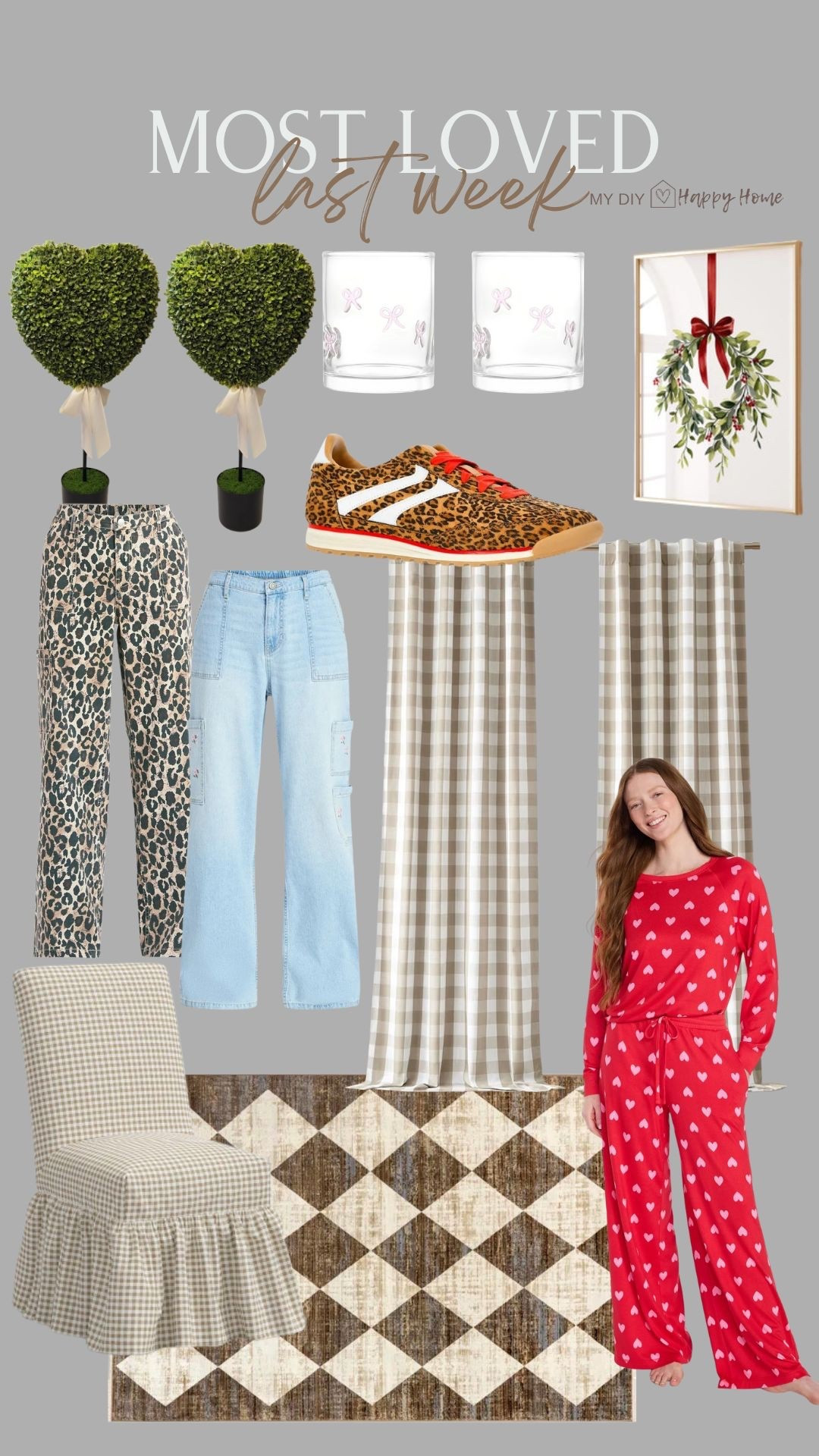 Last weeks most loved and best selllers:

Heart topiary trees 
Icon look glasses, Valentine’s 
Digital Art print 
Leopard sneakers 
Leopard wide leg pants 
Denim wide leg pants with floral embroidery 
Gingham curtains 
Heart pajama set 
Gingham dining chair 
Checker rug 

#LTKHome #LTKSeasonal #LTKMidsize